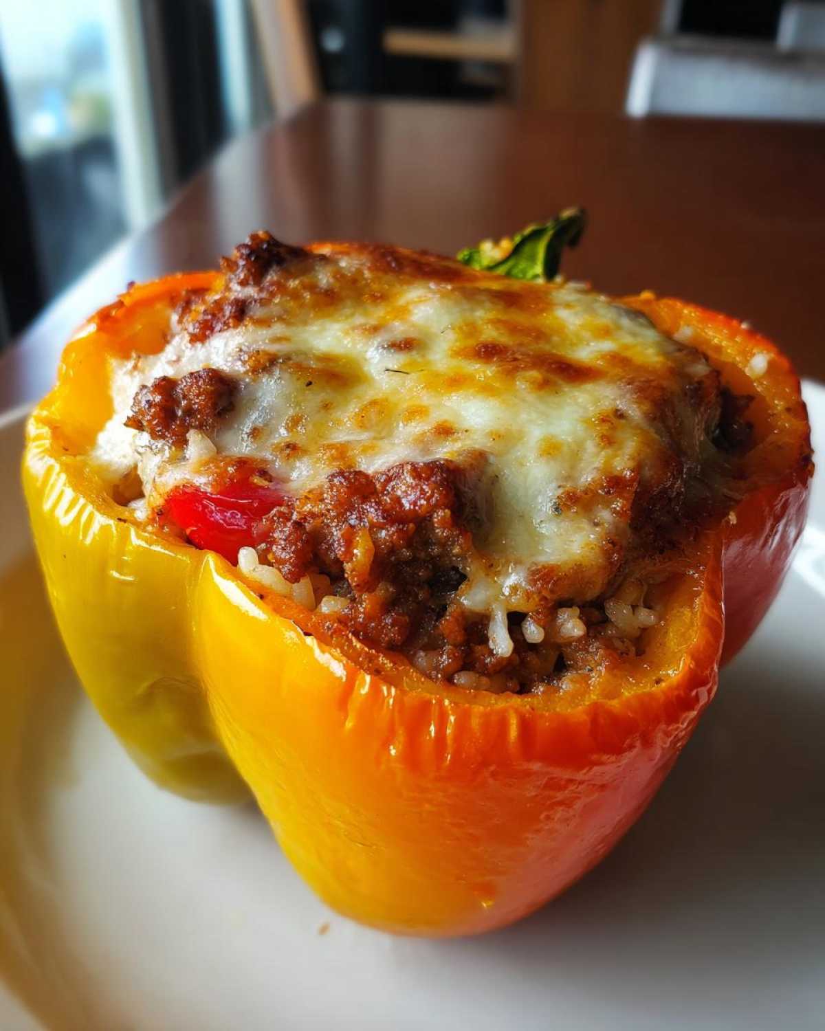 A close-up of a colorful stuffed bell pepper, filled with seasoned meat and rice, topped with melted cheese.
