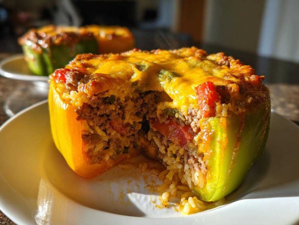 Close-up of a delicious stuffed bell pepper, overflowing with seasoned ground beef, rice, and topped with melted cheese.
