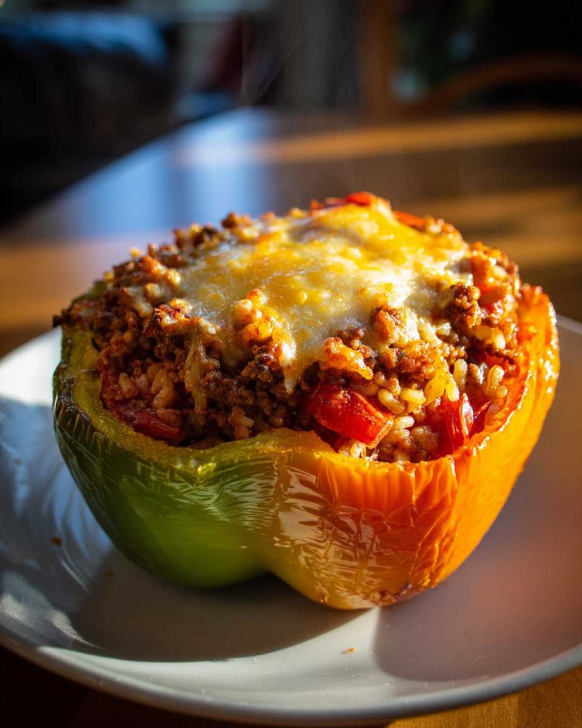 A close-up of a single stuffed bell pepper, generously filled with seasoned ground meat and rice, topped with melted cheese.