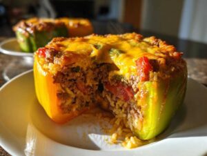 Close-up of a delicious stuffed bell pepper, overflowing with seasoned ground beef, rice, and topped with melted cheese.