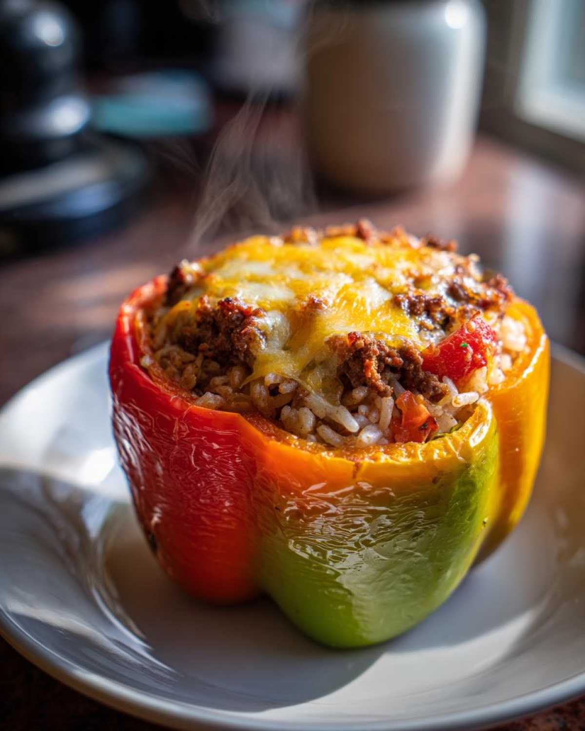 A close-up of a steaming stuffed bell pepper filled with rice and meat, topped with melted cheese.