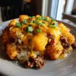 A close-up of a delicious tater tot casserole topped with melted cheddar cheese and green onions.