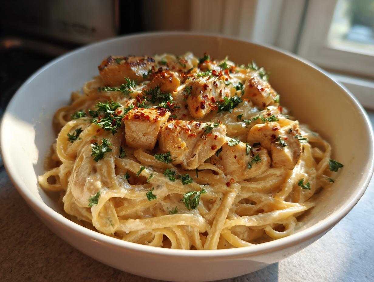 A bowl of creamy pasta with chicken pieces, topped with parsley and red pepper flakes. This is a tater tot casserole.