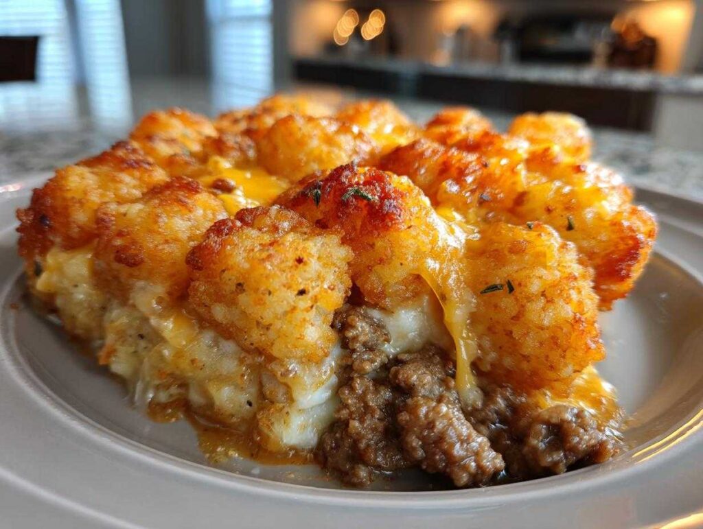 A close-up of a serving of tater tot casserole, featuring crispy tater tots, melted cheddar cheese, and seasoned ground beef.