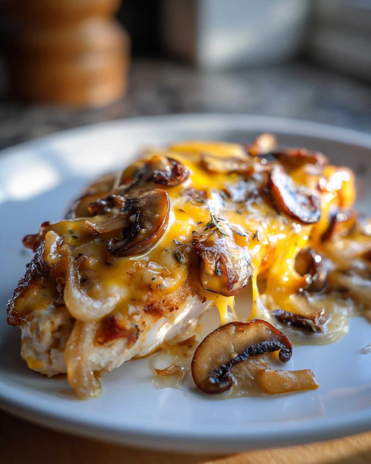 Close-up of Texas Roadhouse Smothered Chicken topped with melted cheese, sautéed mushrooms, and onions.