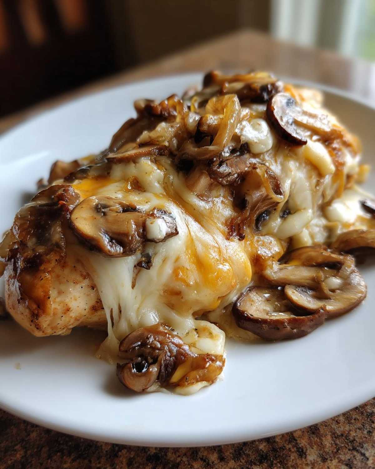 A close-up of Texas Roadhouse Smothered Chicken topped with melted cheese, sautéed mushrooms, and onions.