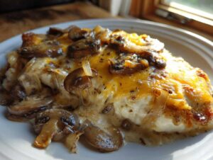 Close-up of Texas Roadhouse Smothered Chicken topped with melted cheese and sautéed mushrooms.