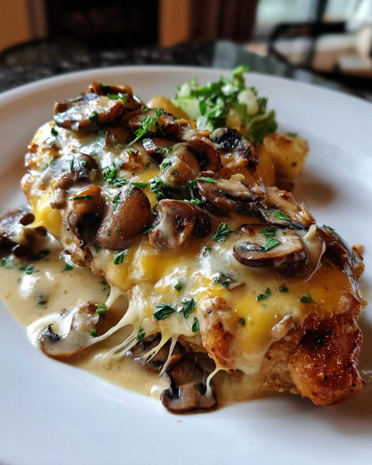 A close-up of Texas Roadhouse Smothered Chicken topped with melted cheese, sautéed mushrooms, and fresh parsley.
