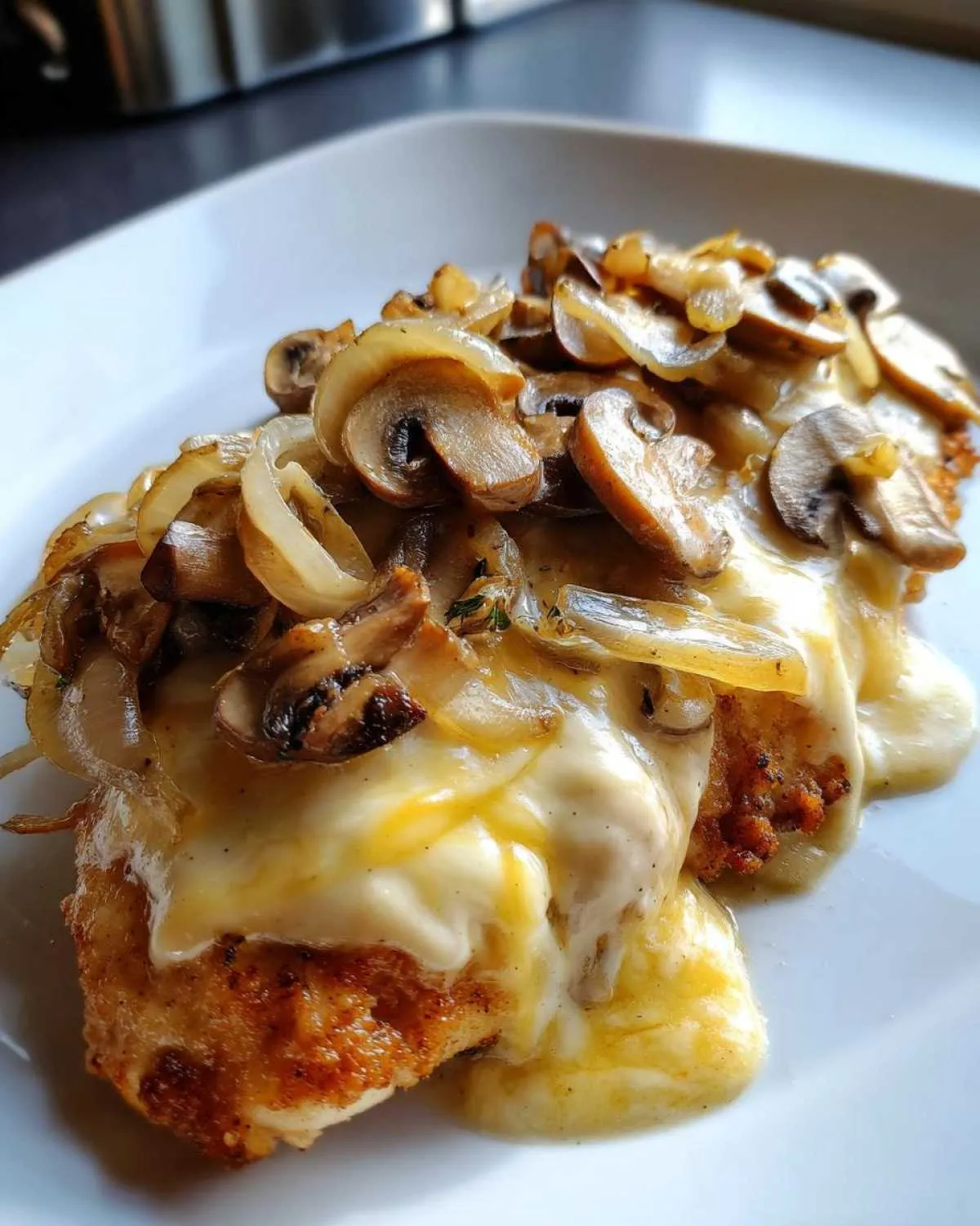 Close-up of Texas Roadhouse Smothered Chicken topped with melted cheese, sautéed mushrooms, and onions.