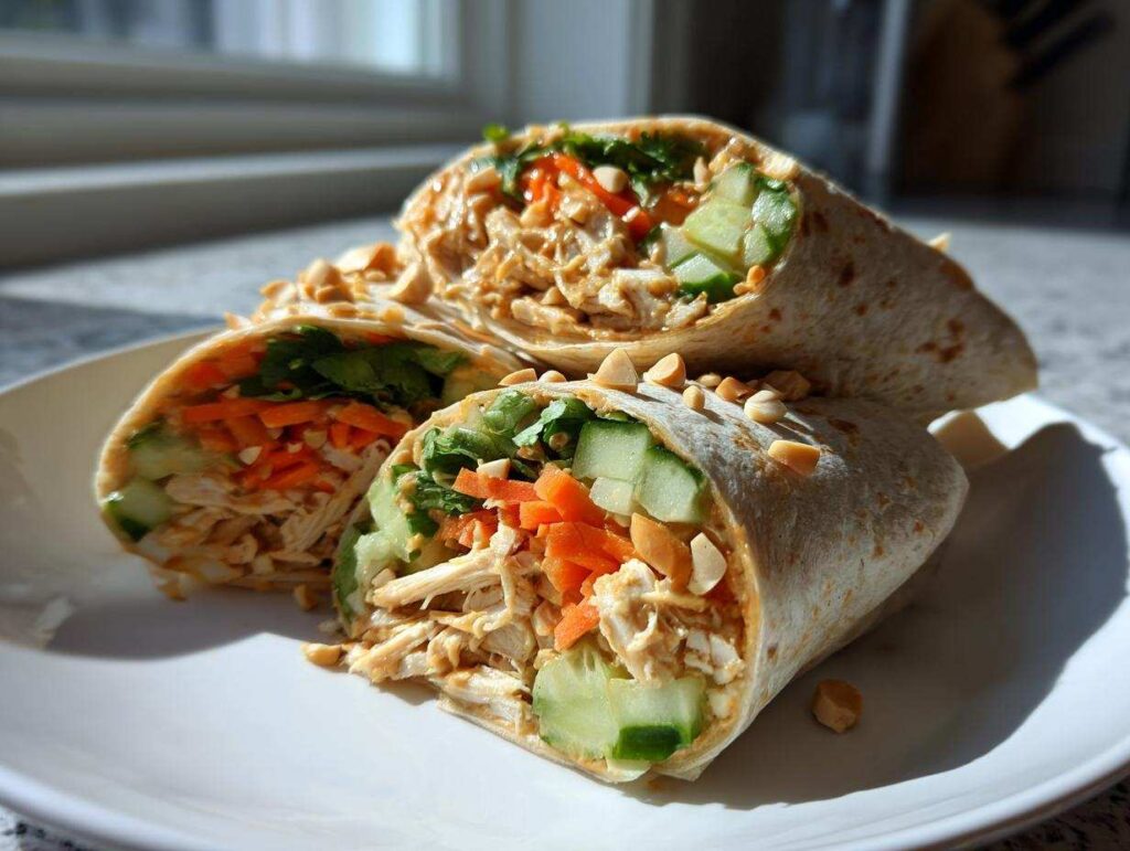 Close-up of two halves of Thai peanut chicken wraps filled with shredded chicken, cucumber, carrots, and cilantro, topped with peanuts.