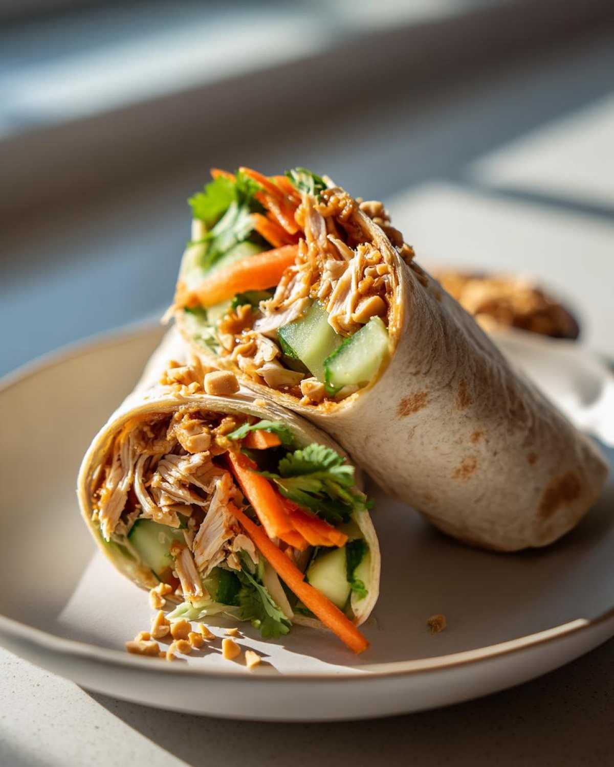 Two halves of a Thai peanut chicken wrap filled with shredded chicken, cucumber, carrots, and cilantro, topped with crushed peanuts.