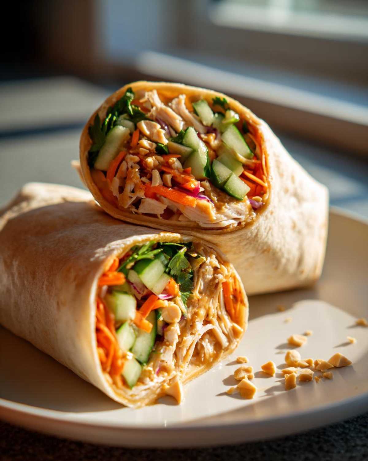 A close-up of two halves of a Thai peanut chicken wrap, filled with shredded chicken, cucumber, carrots, and peanuts.