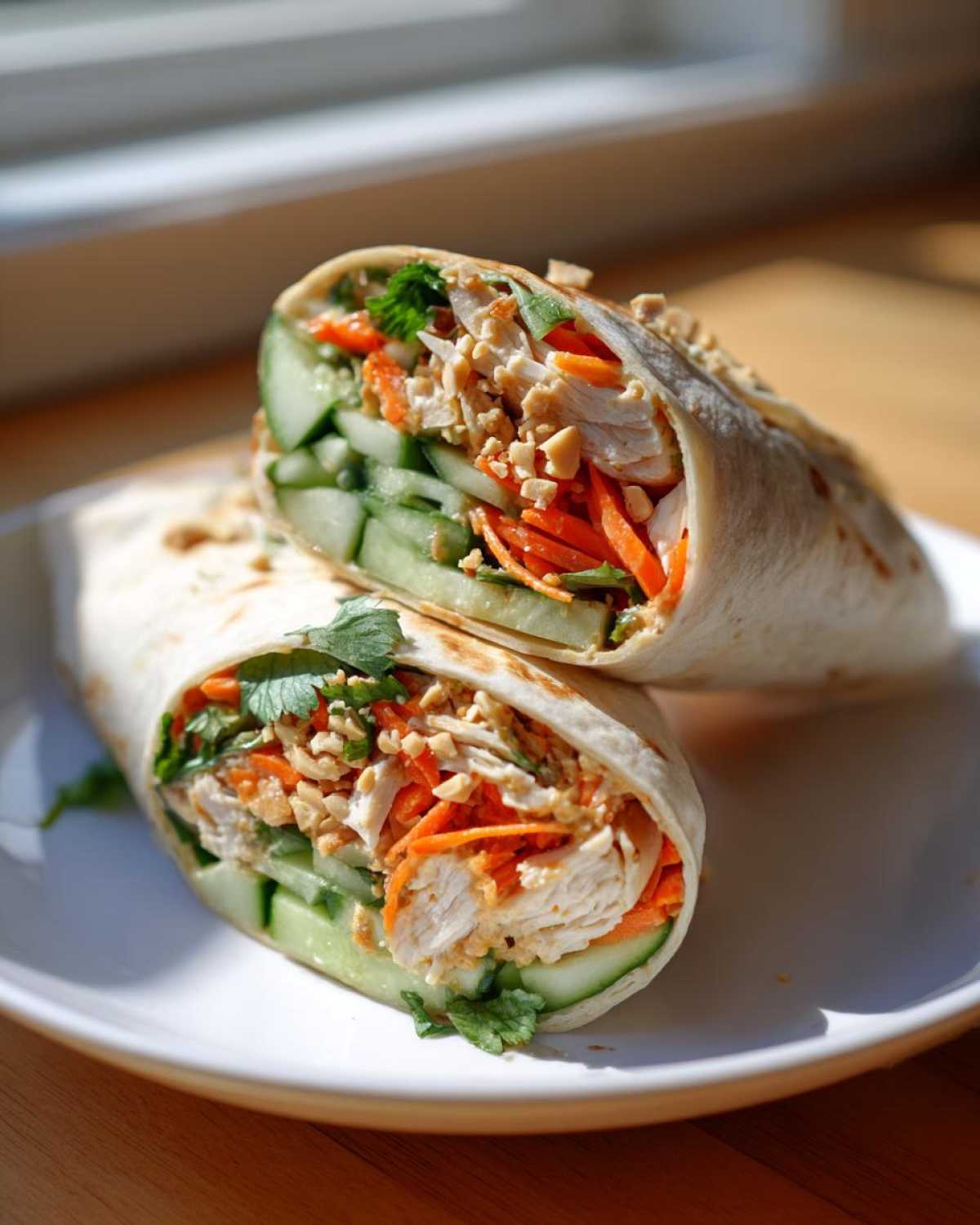 Close-up of two halves of a Thai peanut chicken wrap filled with shredded chicken, cucumber, carrots, and peanuts.