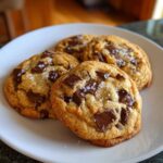 A close-up of four thick and chewy chocolate chip cookies on a white plate, sprinkled with sea salt.
