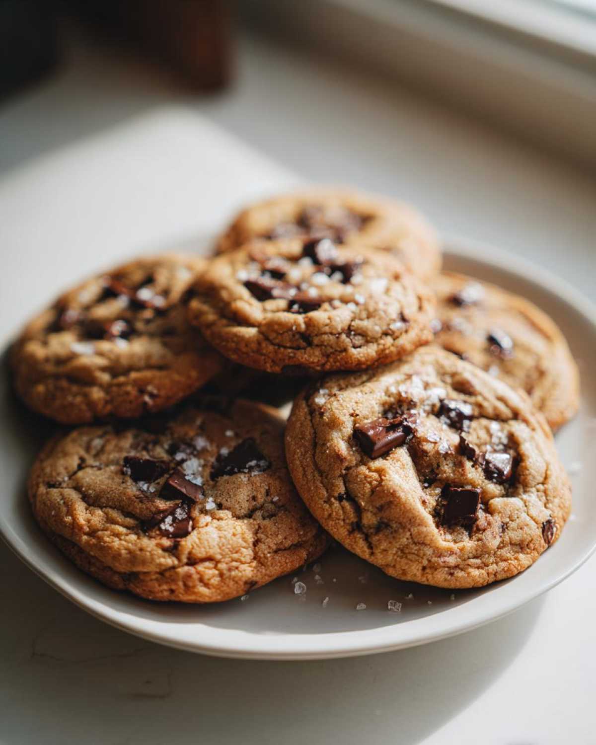 A close-up of several thick and chewy chocolate chip cookies, generously studded with chocolate chunks and sprinkled with sea salt.