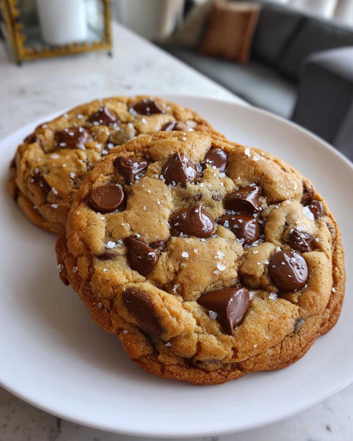 Two thick and chewy chocolate chip cookies generously studded with chocolate chunks and sprinkled with sea salt.