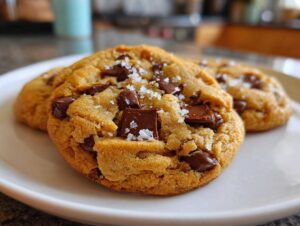 Close-up of thick and chewy chocolate chip cookies with visible chocolate chunks and sea salt.