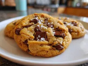 Close-up of thick and chewy chocolate chip cookies with visible chocolate chunks and sea salt.
