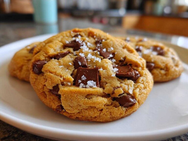 Close-up of thick and chewy chocolate chip cookies with visible chocolate chunks and sea salt.