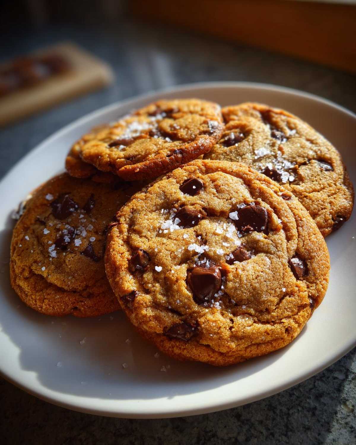 A close-up of several thick and chewy chocolate chip cookies sprinkled with sea salt on a white plate.
