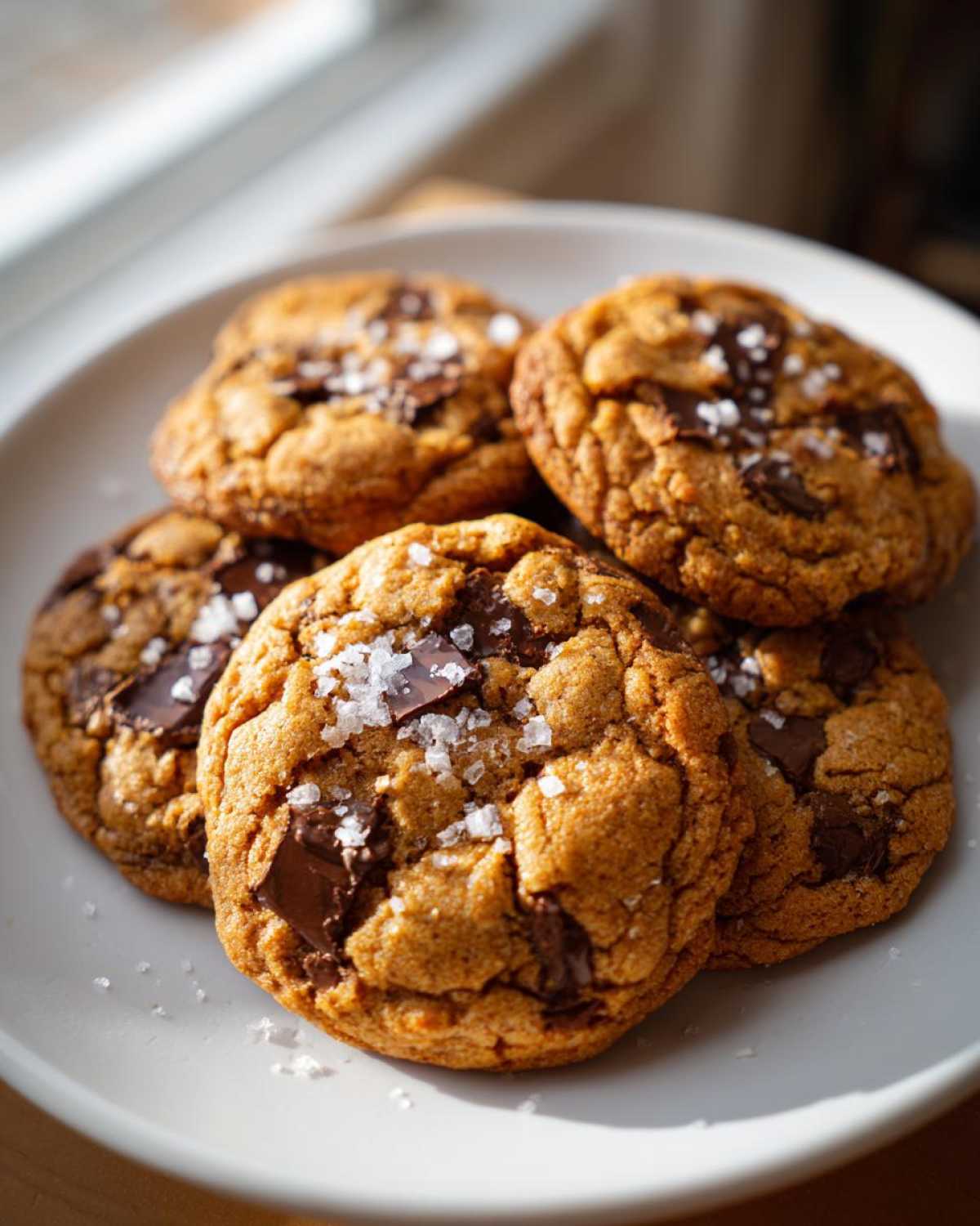 A close-up of thick and chewy chocolate chip cookies sprinkled with sea salt on a white plate.