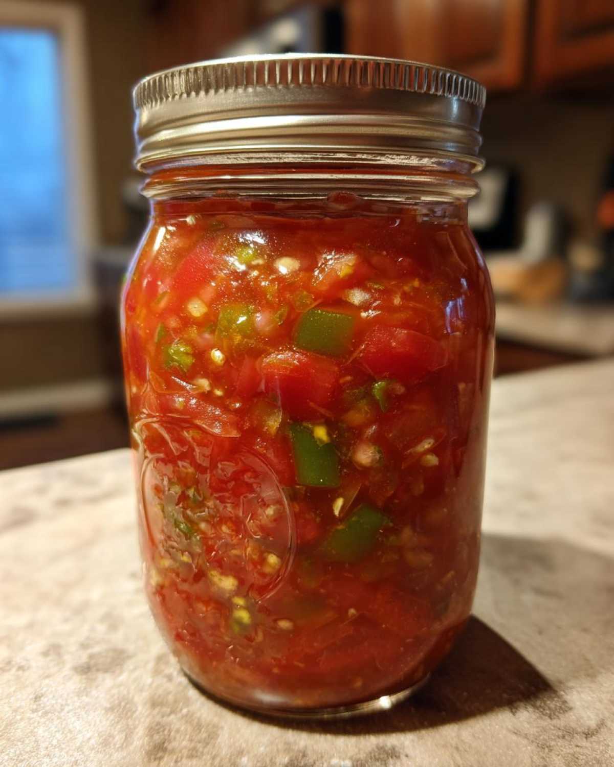 A close-up of a glass jar filled with vibrant, chunky tomato salsa, ready for canning.
