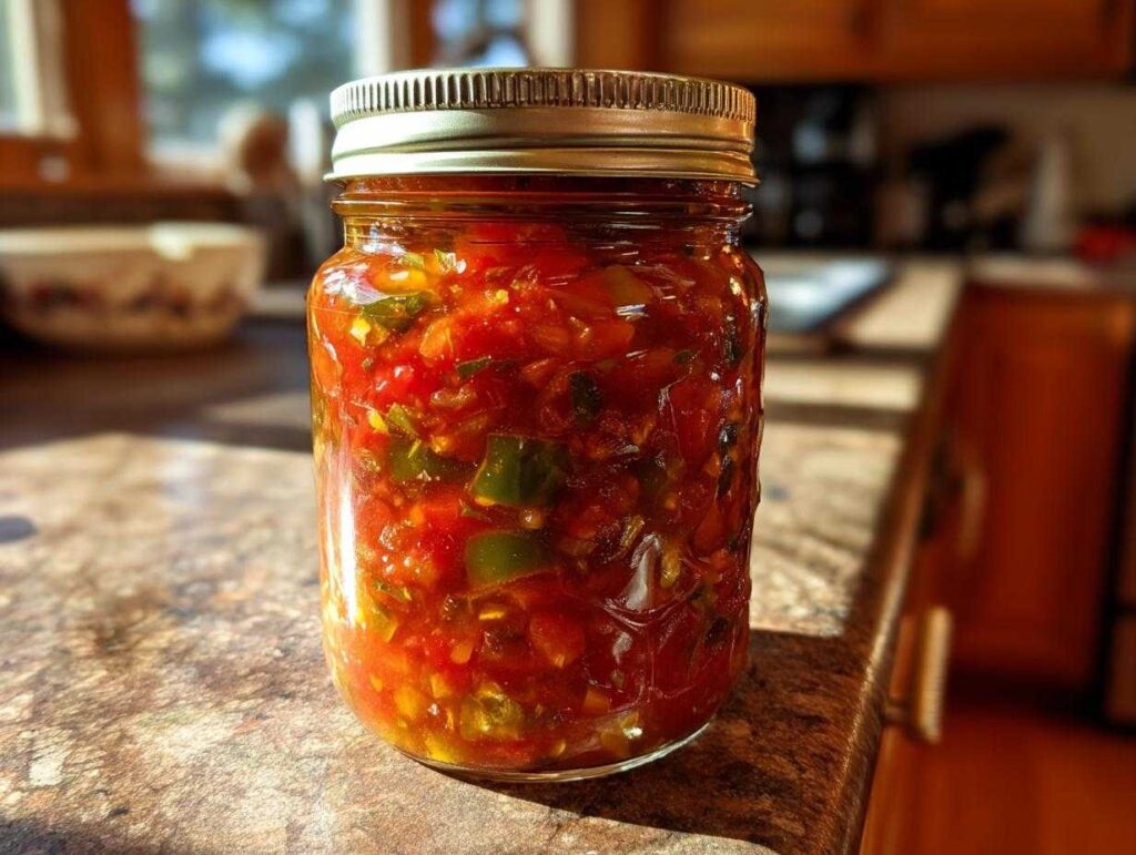 A close-up of a glass jar filled with vibrant, chunky tomato salsa, ready for canning.