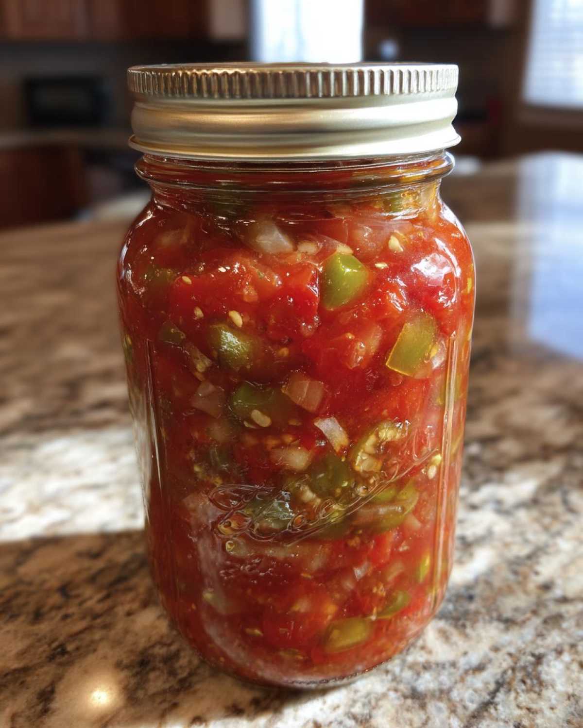 A close-up of a glass jar filled with vibrant, chunky tomato salsa, ready for canning.