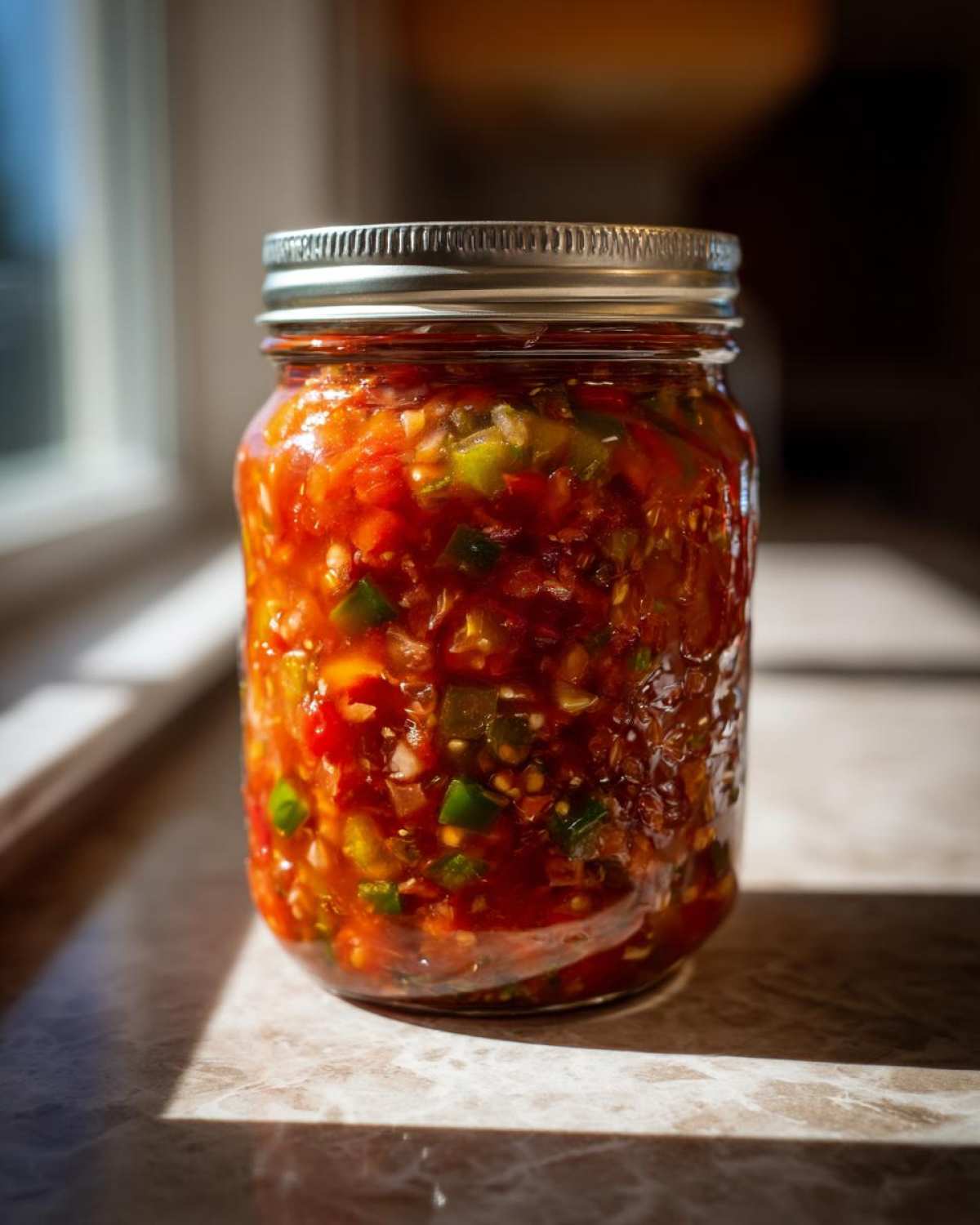A full jar of homemade spicy tomato salsa canning recipe, packed with chopped tomatoes, peppers, and onions.