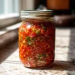 A close-up of a glass jar filled with spicy tomato salsa, showcasing diced tomatoes and jalapeños for a tomato salsa canning recipe.