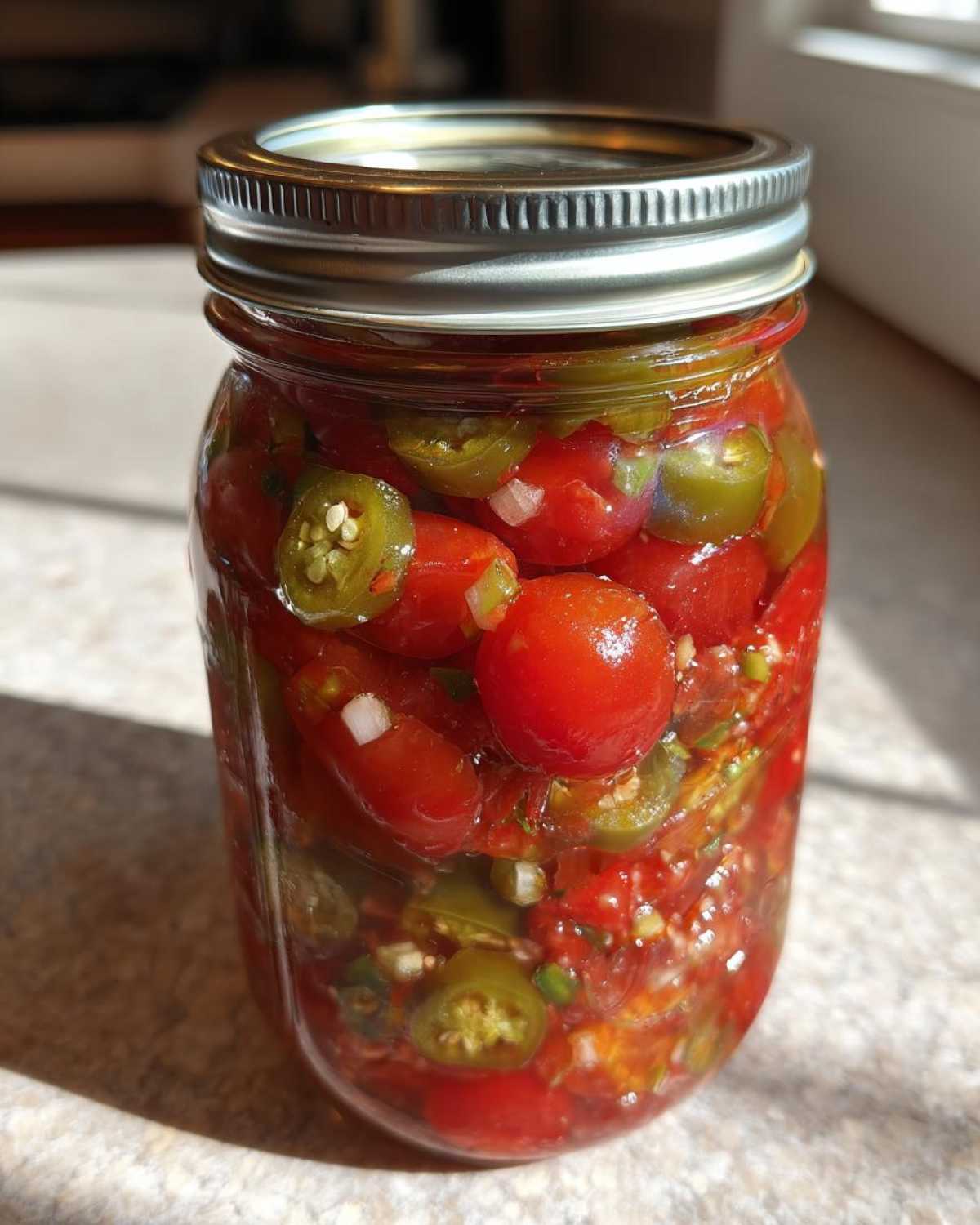 A close-up of a glass jar filled with homemade spicy tomato salsa, featuring cherry tomatoes and sliced jalapeños.