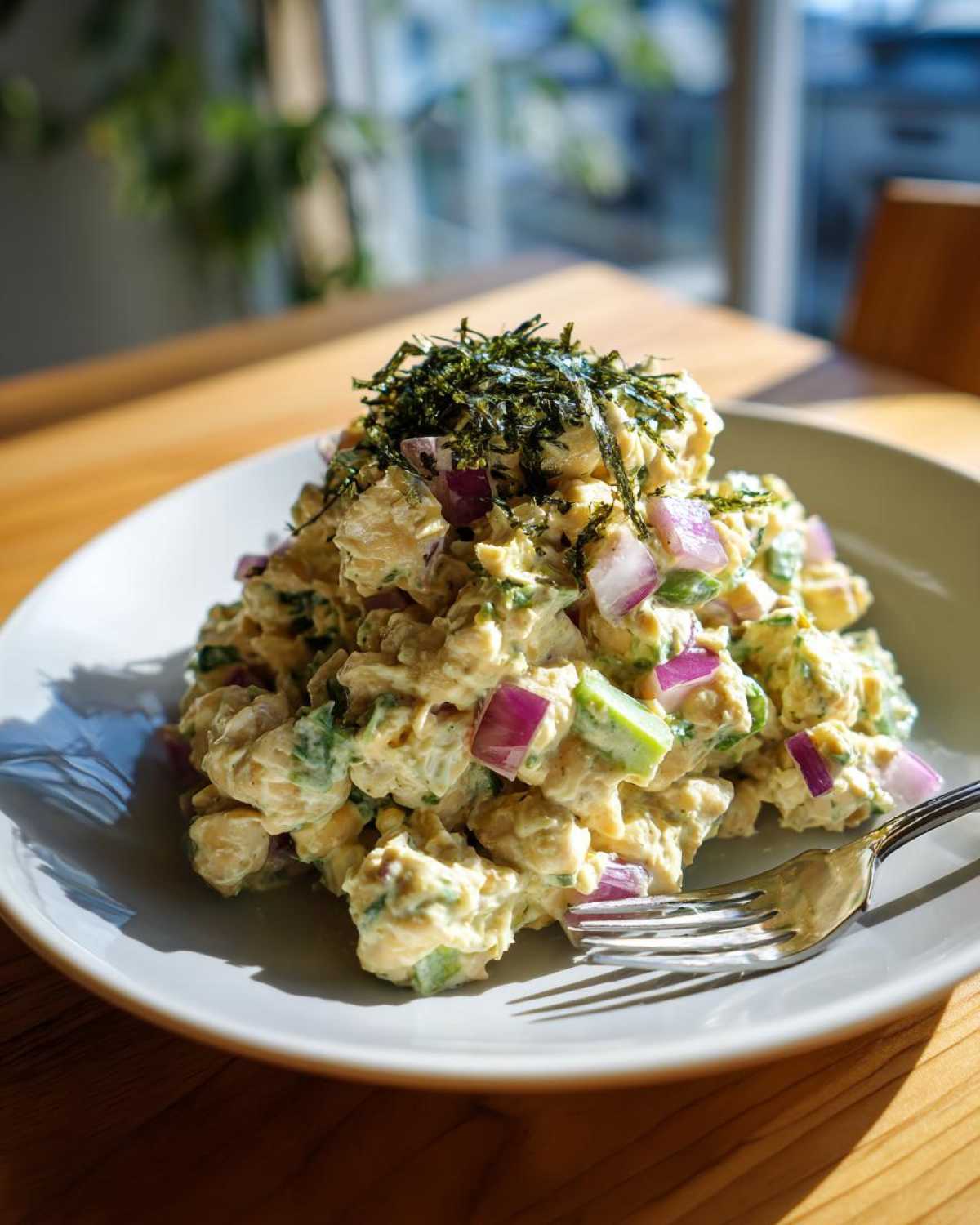 A close-up of a generous portion of vegan chickpea tuna salad, topped with seaweed and mixed with red onion and celery.