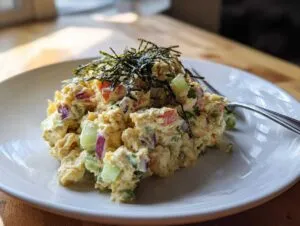 A close-up of a serving of vegan chickpea tuna salad topped with seaweed flakes.