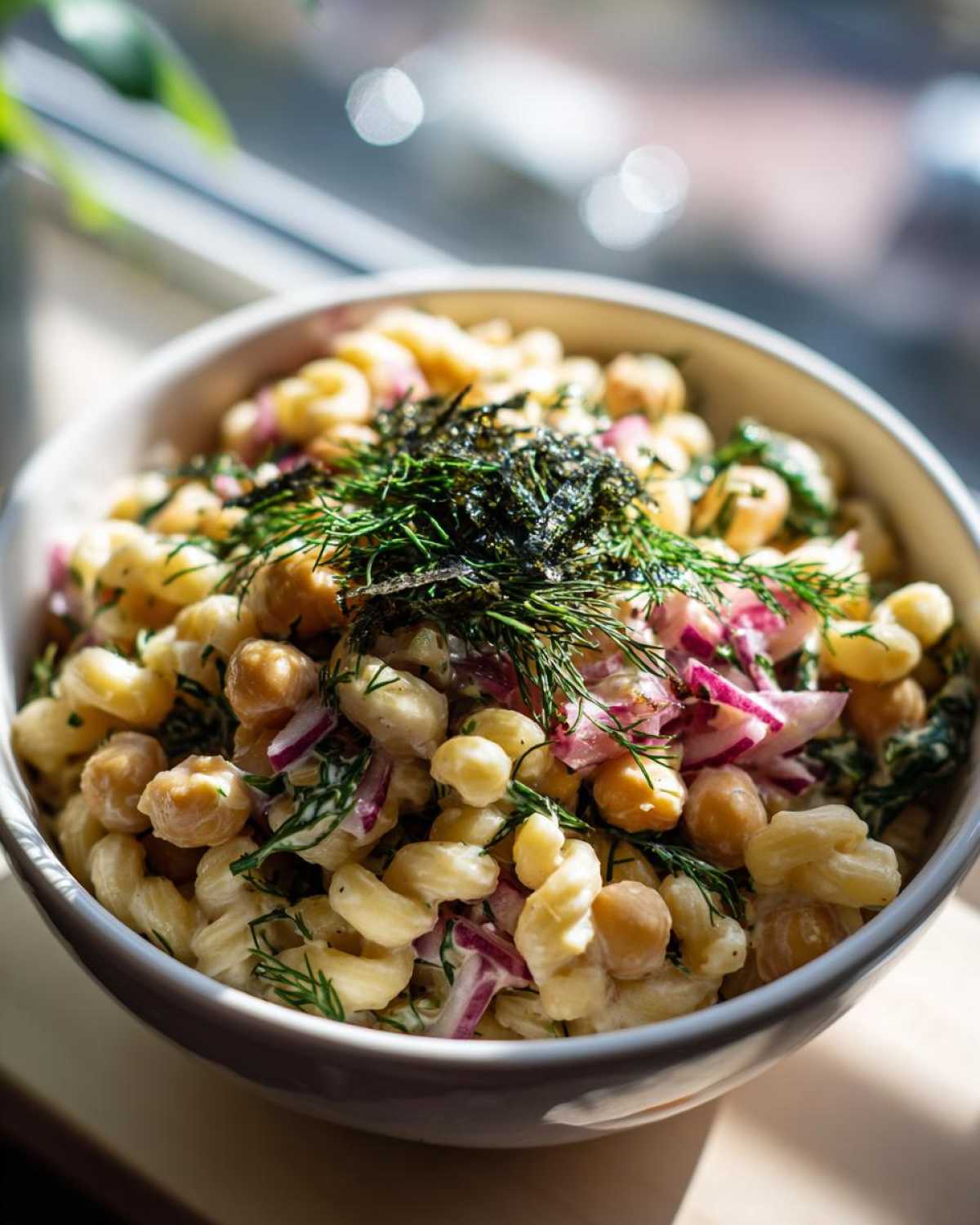 A bowl of creamy vegan tuna pasta salad, featuring elbow macaroni, chickpeas, red onion, dill, and nori flakes.