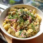 A bowl of creamy vegan tuna pasta salad with fusilli pasta, chickpeas, red onion, and fresh dill.