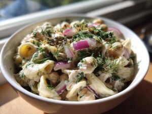 A close-up of a bowl of creamy vegan tuna pasta salad, featuring pasta shells, chickpeas, red onion, and fresh dill.