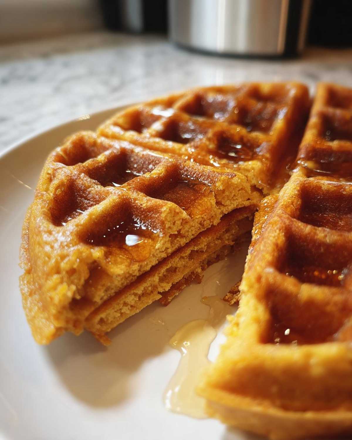Close-up of two fluffy vegan waffles stacked on a white plate, drizzled with golden maple syrup.