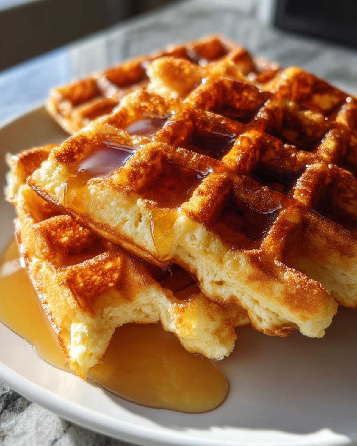 Close-up of three fluffy vegan waffles stacked on a plate, generously drizzled with golden maple syrup.