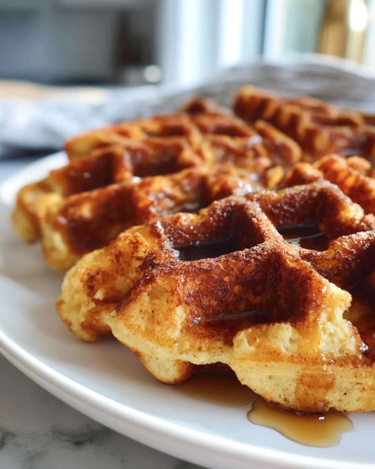 Close-up of fluffy vegan waffles on a white plate, drizzled with syrup.