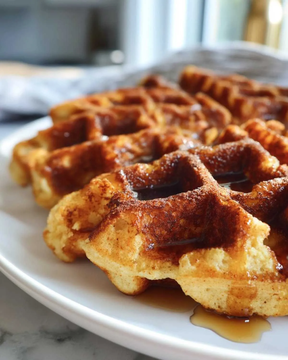 Close-up of fluffy vegan waffles on a white plate, drizzled with syrup.