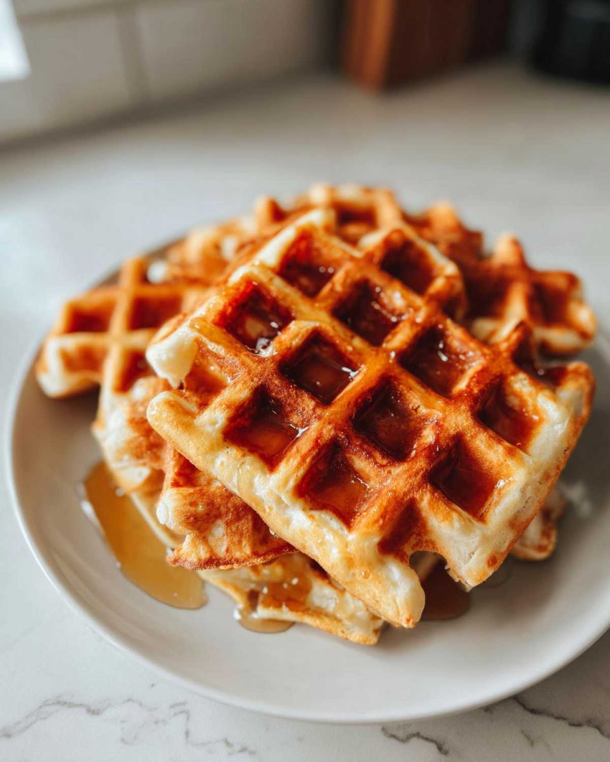 A stack of golden-brown vegan waffles drizzled with syrup on a plate.
