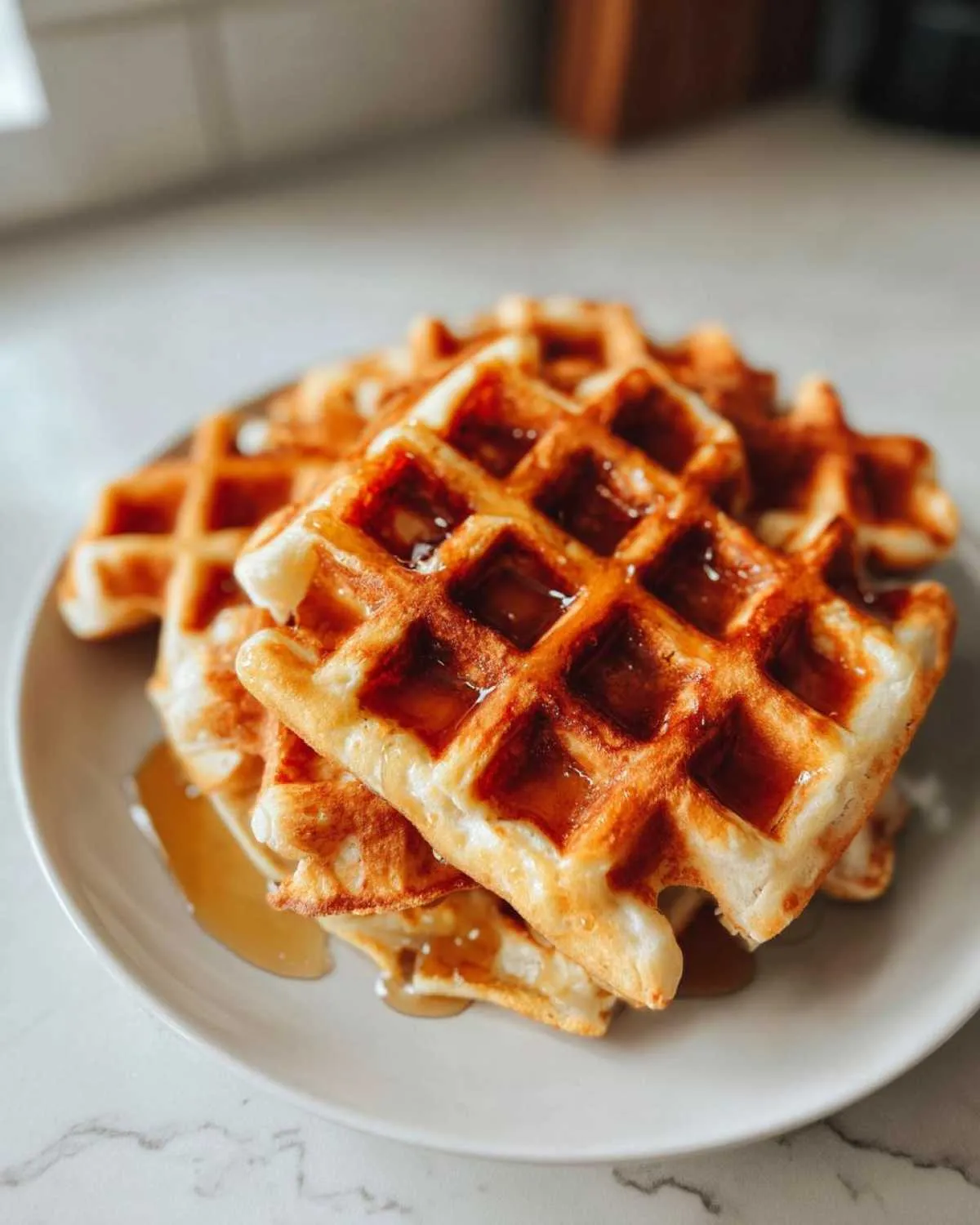 A stack of golden-brown vegan waffles drizzled with syrup on a plate.