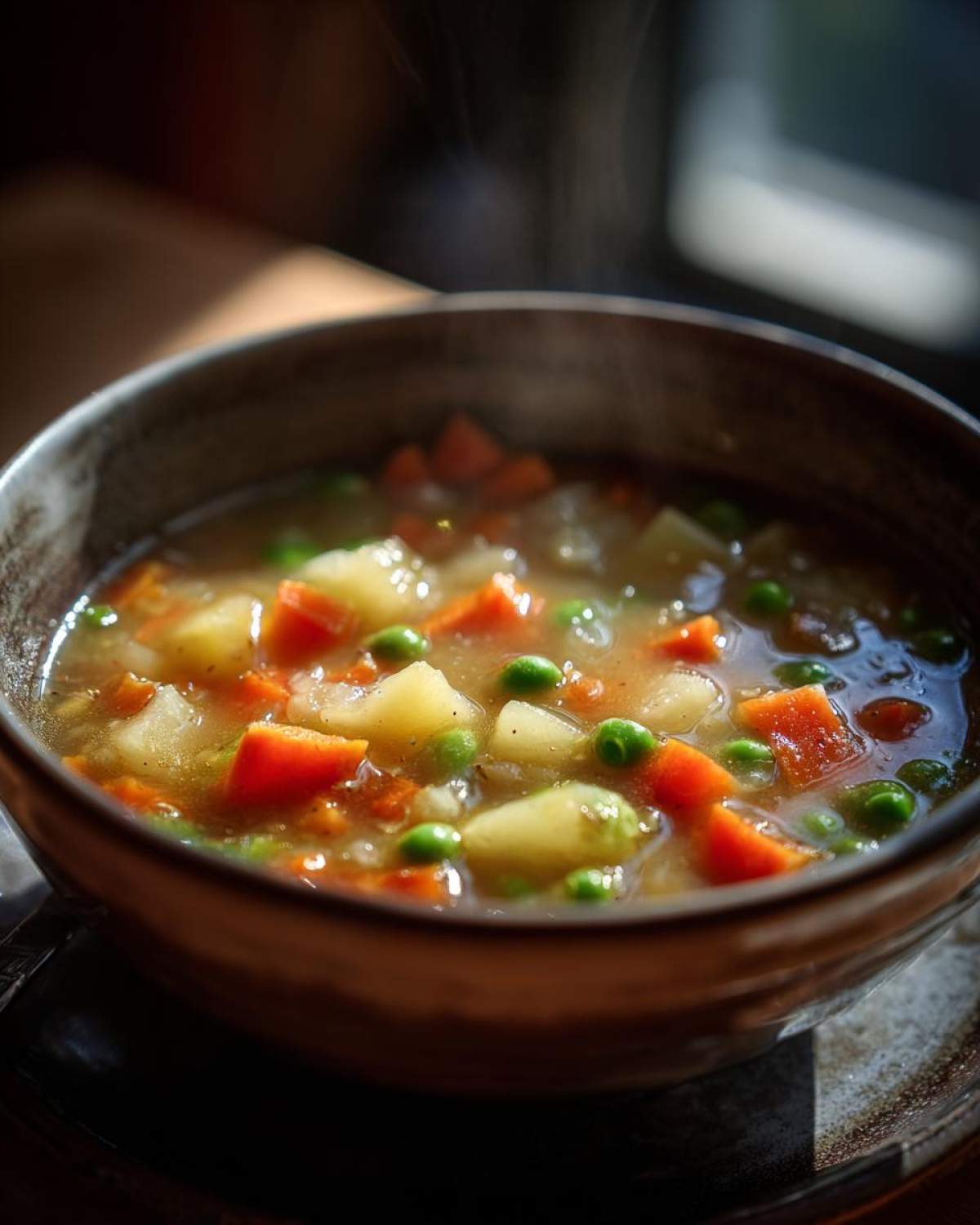 A close-up of a steaming bowl of veggie pot pie soup, filled with chunks of potatoes, carrots, and peas.
