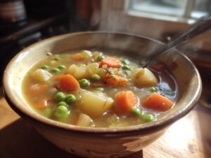 A close-up of a steaming bowl of creamy veggie pot pie soup, filled with chunks of potatoes, carrots, and peas.