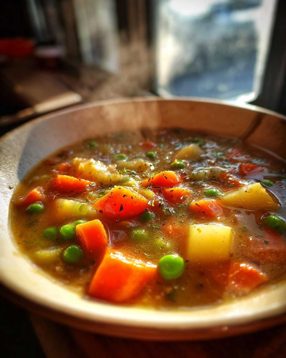 A close-up of a steaming bowl of creamy veggie pot pie soup, filled with chunks of carrots, potatoes, and peas.
