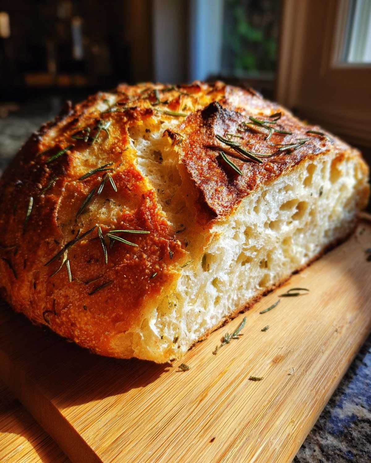 A golden-brown loaf of whole wheat rosemary bread, sliced to reveal a fluffy interior, resting on a wooden cutting board.