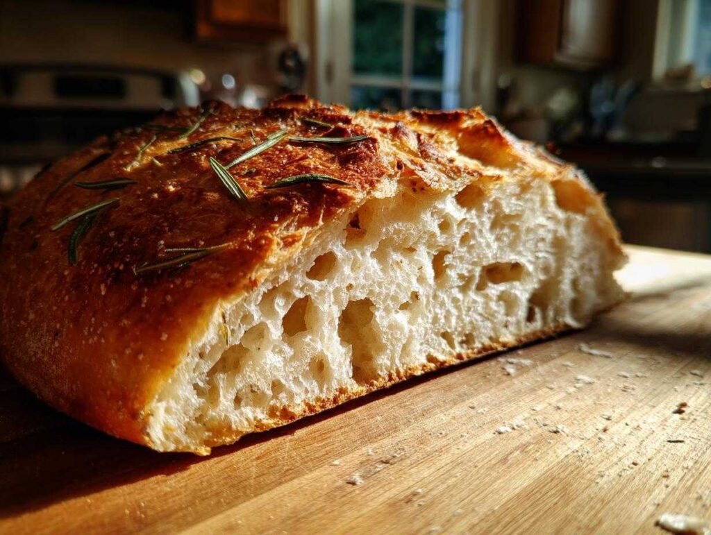 A close-up of a freshly baked whole wheat rosemary bread, showing its golden crust and airy crumb.