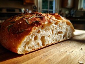 A close-up of a freshly baked whole wheat rosemary bread, showing its golden crust and airy crumb.