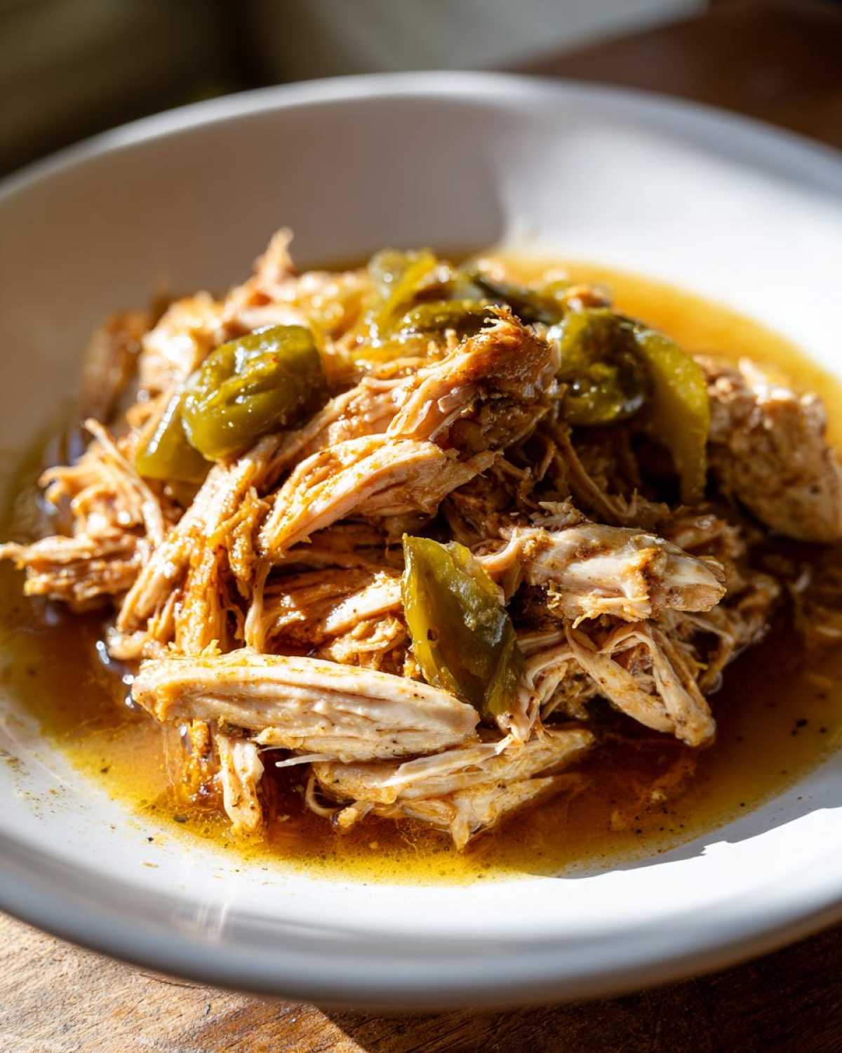 Shredded Mississippi chicken with green chilies in a savory sauce, served in a white bowl.