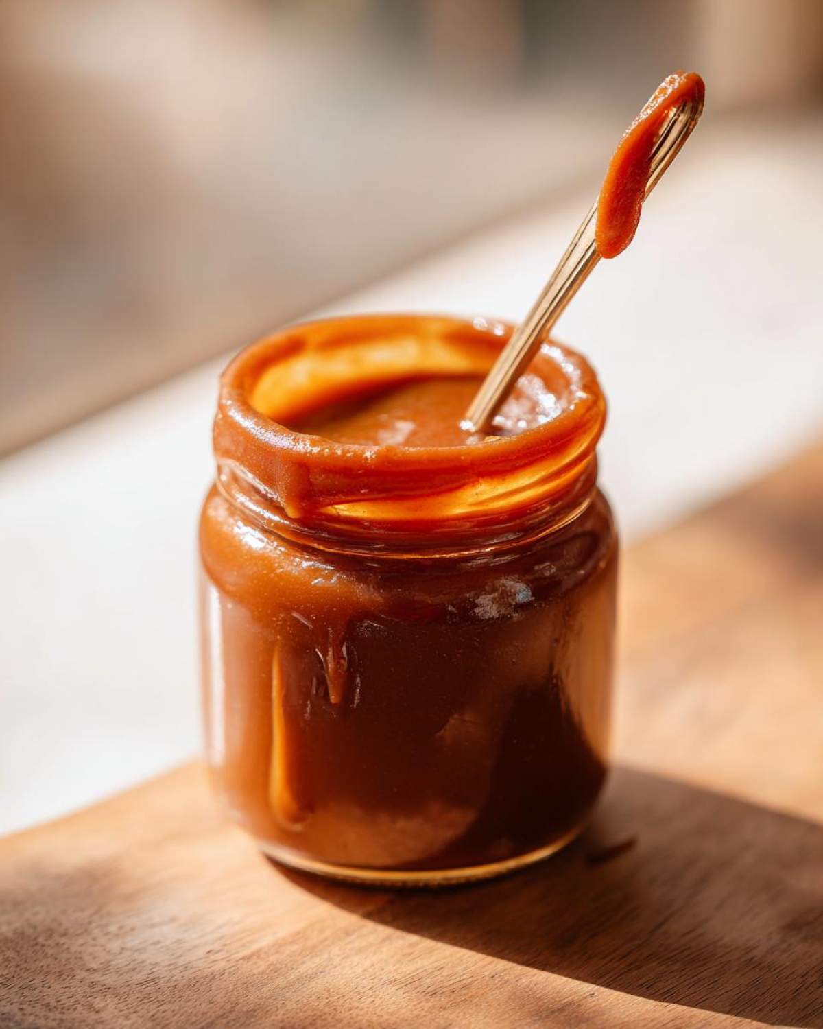 Close-up of a glass jar filled with rich, smooth apple butter, with a spoon holding a dollop.